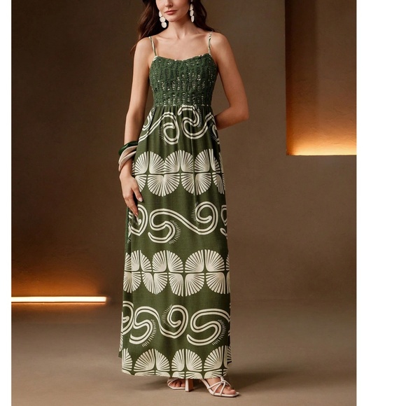 Boho Floral Print Embroidered High Waisted Maxi Dress - Picture 2 of 10